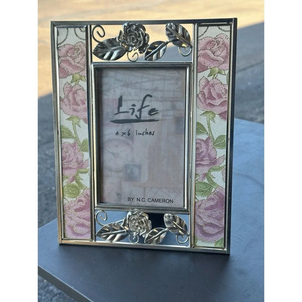 Vintage Metal Photo Frame Roses Floral 4x6 N.C. Cameron Decorative Tabletop